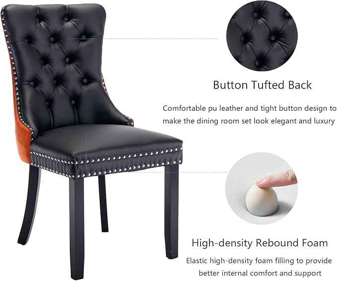 Dining Chairs Set of 4, Upholstered Dining Room Chairs with Back Ring Pull Trim and Solid Wooden Legs, Modern Tufted Kitchen Chairs Perfect for Dining Room, Black Pu Leather Splicing Orange Velvet