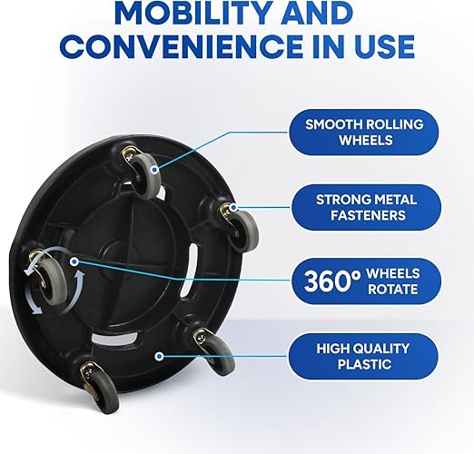 PLASTIC PRINCE Trash Can Dolly with Wheels, Black Garbage Can Wheels, Transports 20, 32, 44 and 55 gal Brute Trash Can Dolly, 18 Inches