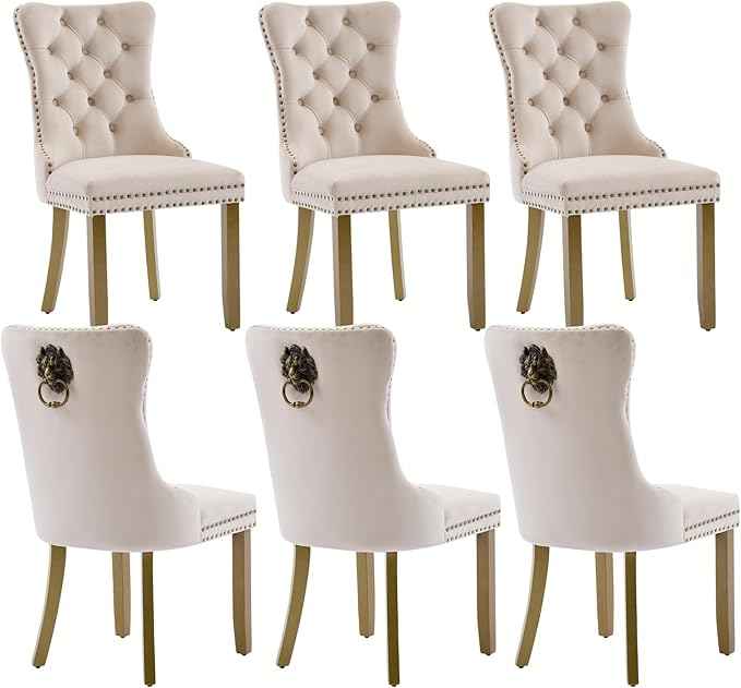 Velvet Dining Chairs Set of 6, Modern Tufted Dining Room Chair, Upholstered Dining Chairs with Lion Head Pulls Ring and Golden Solid Wood Legs, Luxury Kitchen Chairs for Dining Room, Beige