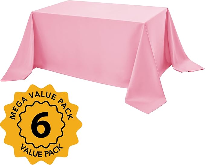 6-Pack Pink Tablecloths for Rectangle Tables, 90 x 156 Inches, Stain-Resistant Polyester Fabric for 8 Foot Tables - Washable Table Covers for Weddings, Banquets, Birthday Parties, Events