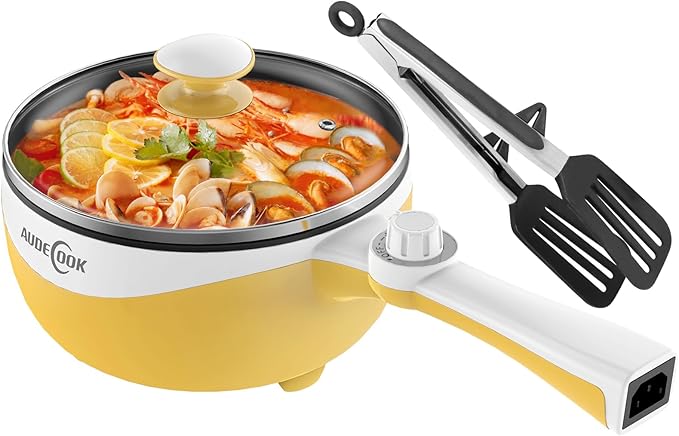 Audecook Hot Pot Electric, 1.7L Mini Electric Skillet Portable Nonstick Sauté Pan with Power Adjustment, Ramen Cooker Travel Multicooker for Steak/Soup/Egg/Oatmeal/Noodles