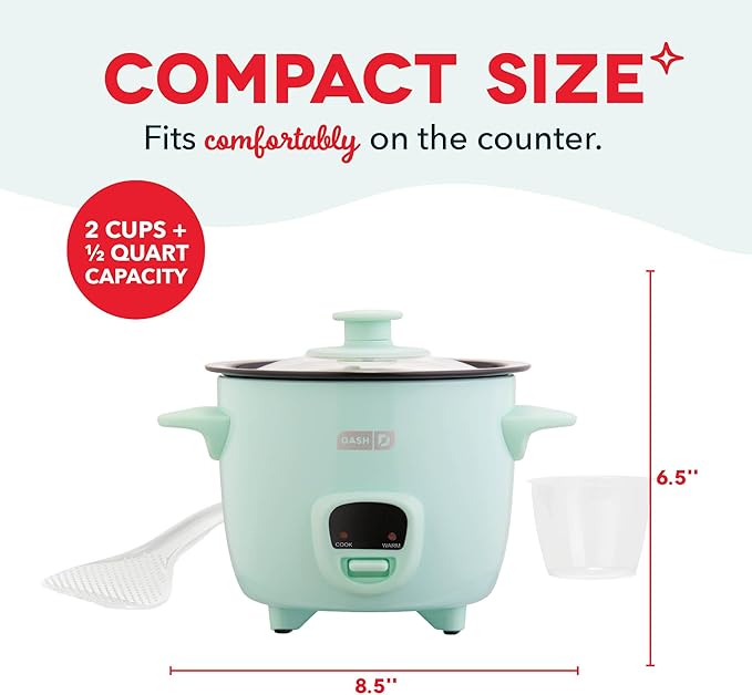 Dash Mini Rice Cooker - Designed for Single-Serve Cooking - Compact Rice Cooker with Nonstick Removable Pot, Keep Warm Function & Easy-to-Clean Sleek Design - Aqua