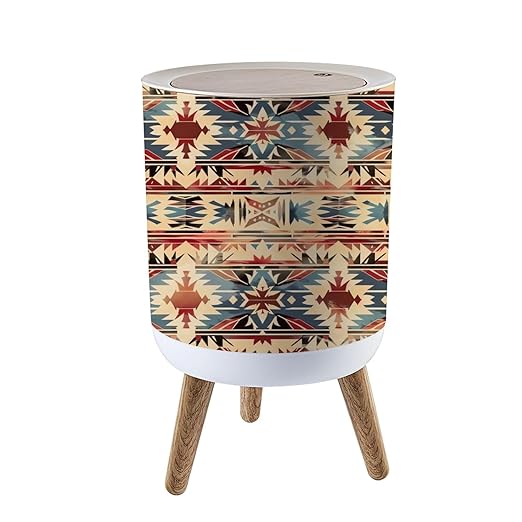 Trash Can with Lid Native pattern american tribal indian ornament pattern geometric Press Top Round Small Garbage Bin with Wooden Legs Waste Basket for Kitchen Bedroom Nursery 7L/1.8 Gallon