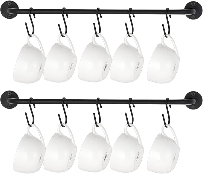 Mkono Mug Holder Wall Mounted Coffee Cup Rack Hanger Modern Metal with 10 Mug Hooks Rustic Utensil Tea Cups Storage Organizer for Kitchen Dining Room Coffee Bar, Set of 2, Black