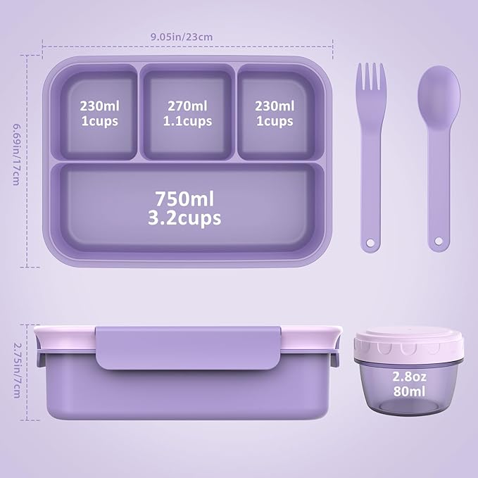 Caperci Bento Box Adult - 50 oz Large Lunch Containers for Adults and Teens, 4-Compartment Bento Lunch Box with Utensils & Leak Proof Sauce Cup, Dishwasher Safe, Durable, BPA-Free (Lavender)