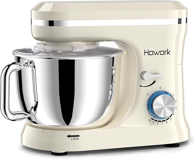 HOWORK Electric Stand Mixer,10+p Speeds With 6.5QT Stainless Steel Bowl,Dough Hook, Wire Whip & Beater,for Most Home Cooks (White)