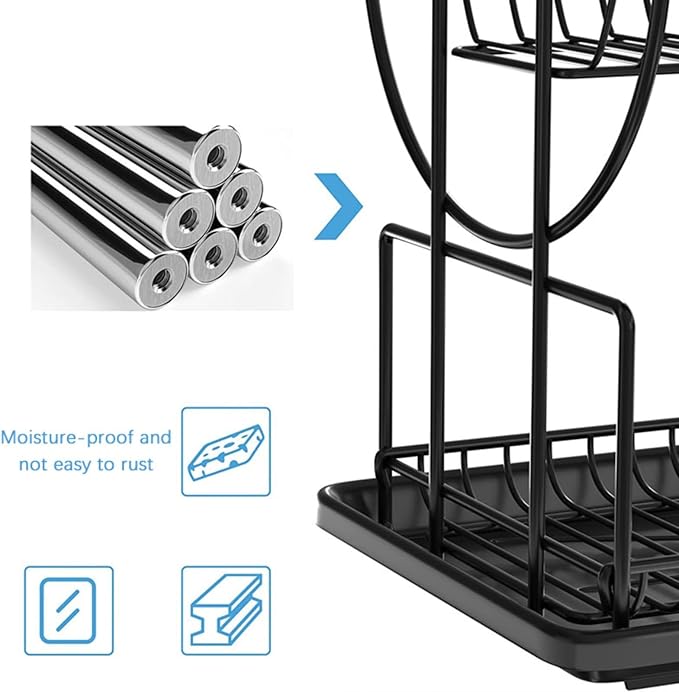 Black Multifunctional Kitchen Bowls and Chopsticks Drain Rack Iron Wire Large Capacity Kitchen Utensils Sink Storage Rack Space-Saving