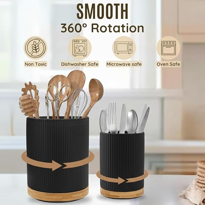 2 Pack Ceramic Utensil Holder, 7.3"+5.4" Large kitchen utensils holder for Countertop, 360° Rotating Cooking Utensil Crock for Kitchen Counter with Detachable Wooden Base, Kitchen Decor- Black