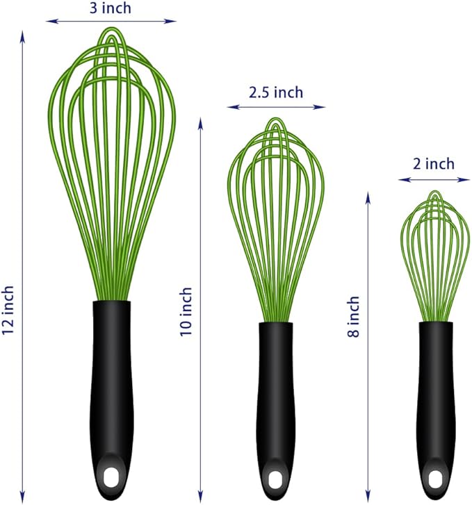 Dishwasher Safe Green Silicone Whisk, Sealed Waterproof Design Set of 3, Professional Kitchen Whisks for Cooking Non-Scratch, Silicone & Stainless Steel Whisk, Heat Resistant Balloon Egg Beater