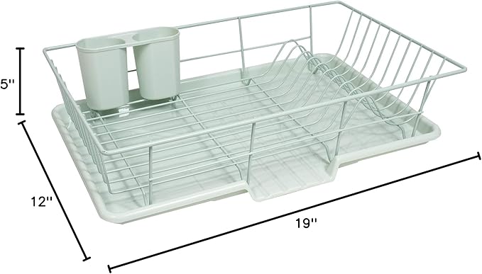 Sweet Home Collection 3 Piece Metal, Plasic Dish Drainer Rack Set with Drying Board and Utensil Holder, 12" x 19" x 5", Mint