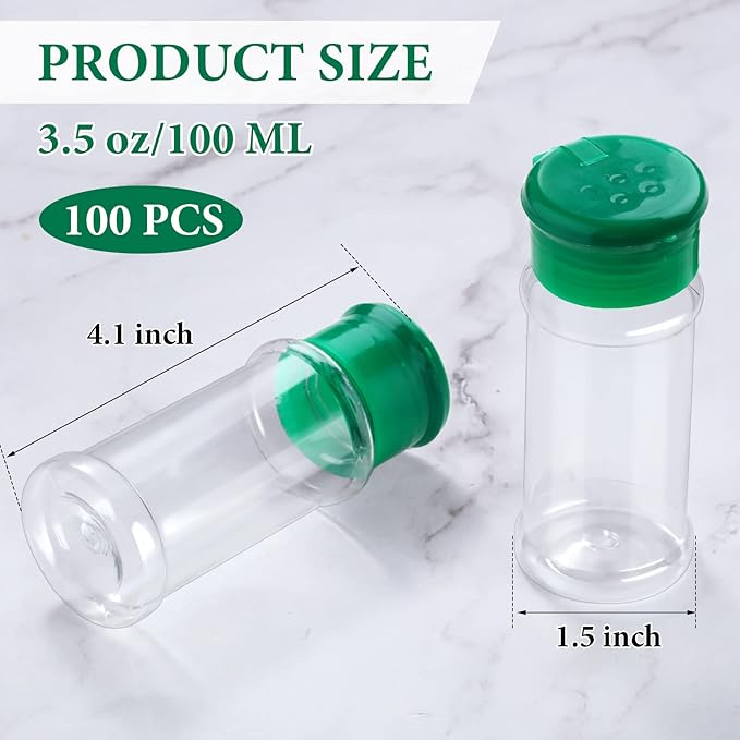 Amyhill 100 Pcs Plastic Spice Bottles Spice Jars Seasoning Jars Shaker Plastic Jars 3.3 Oz/ 100ml Seasoning Shaker with Shaker Lids(Green Lid)