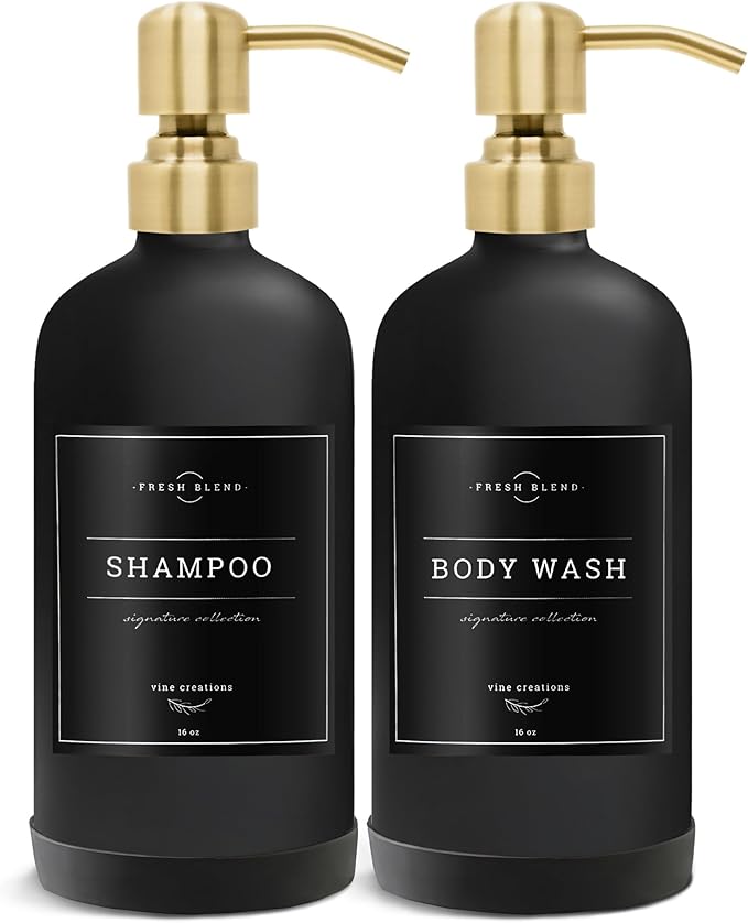 Vine Creations Black Glass Soap Dispenser, 2 Pack Kitchen Soap Dispenser Set with Stainless Steel Pump, 16 oz Dish Soap and Hand Soap Dispensers for Bathroom with Waterproof Labels