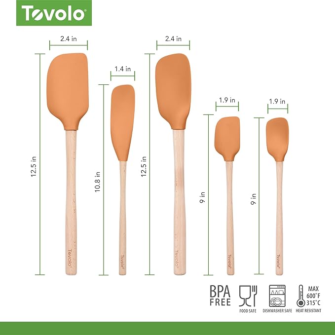 Tovolo Silicone Spatula with Wooden Handle Set of 5 Piece Silicone Kitchen Utensil Set Spoonula Jar Scraper Mini Spatula and Spoonula for Cooking Baking Mixing Folding Apricot Orange Cookware