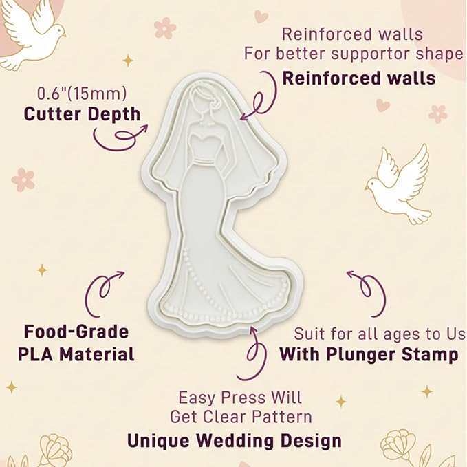 Wedding Cookie Cutters Cutter Wedding Dress Molds 3.5" with Plunger Stamps Baking Dough Tools Cake Shapes PLA Accessories for Birdesmaid Decorative Party Kitchen Supplies