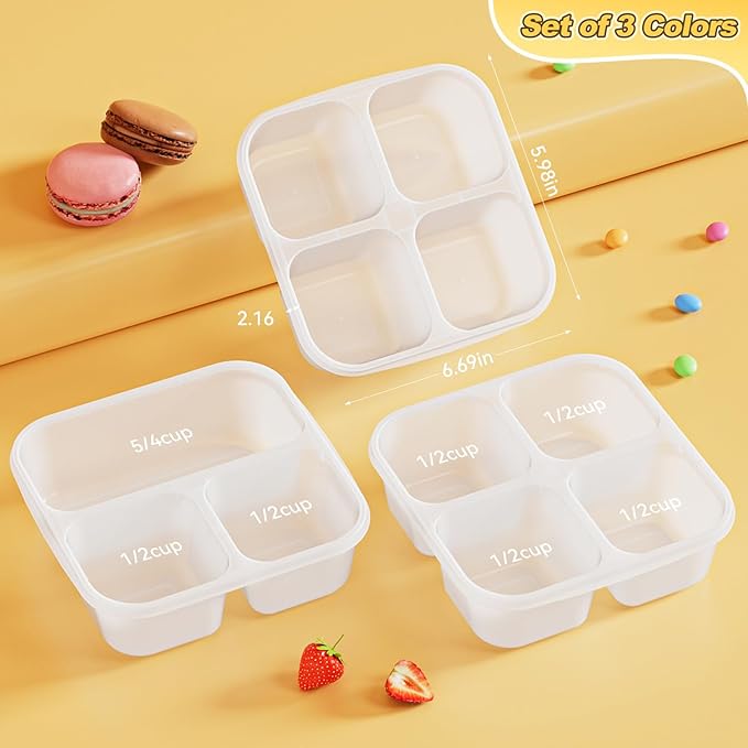 6 Pcs Snack Box Container Set, Reusable 3&4 Compartment Meal Prep Snack Containers for Adults Kids Toddler, BPA-Free Divided Lunchable Container for School, Work and Travel (All Transparent)