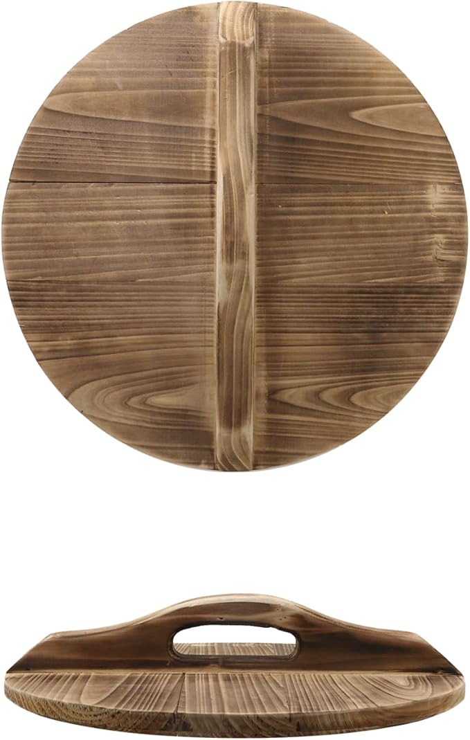 Oedema Wooden Pot Lid Round Pot Cover Pan Wood Lid 13 Inch Fry Cover for Cast Iron Pan Kitchen Cooking Lid with Ergonomic Handle