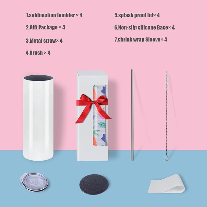 Sublimation Tumblers Bulk, 20OZ Sublimation Tumbler Blank, Skinny Straight Stainless (4, 20OZ)