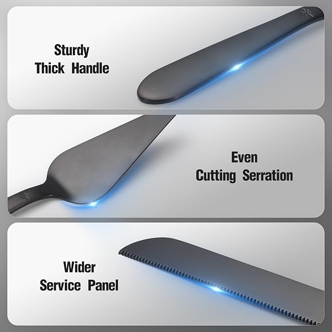 Eisinly Wedding Cake Knife and Server Set, Integral Stainless Steel Longer Cake Cutter and Wider Pie Spatula, Elegant Cake Cutting Serving Set for Party Birthday Bridal Shower Set of 2, Matte Black