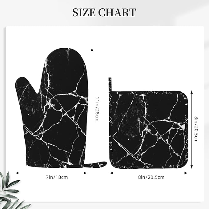 Black White Cracked Marble Oven Mitts and Pot Holders Sets of 4, Heat Resistant Silicone Oven Mittens and Potholders Gloves Hot Pads for Kitchen Cooking Baking Grilling BBQ Chef