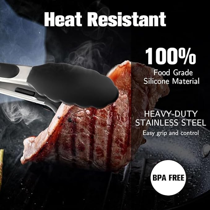 Kitchen Tongs 9'' and 12'' Tongs for Cooking 2 Pcs Black Silicone Tongs Stainless Steel Locking Food Tongs with Silicone Tips Heat Resistant Serving Tong for BBQ Food Grilling Salad Kitchen Utensils