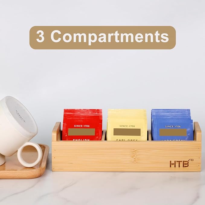 HTB Small Tea Bag Holder, Bamboo Tea Organizer 3 Compartments for Beverage Suppliers, Sugar, Sweeteners, Individual Packets, Portable Tea Bag Organizer for Home Kitchen Counter or Office
