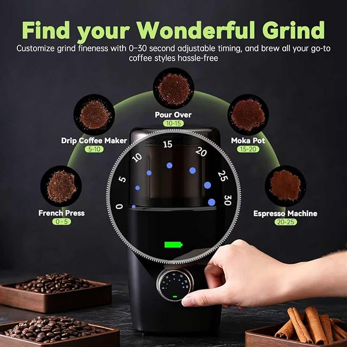 Electric Coffee Grinder for Coffee Beans, Spices and Herbs, Adjustable Grind Fineness, 1.8 oz Capacity, Hands-Free Operation, Leak-Proof Design, Odor-Free, Detachable and Easy to Clean, Black