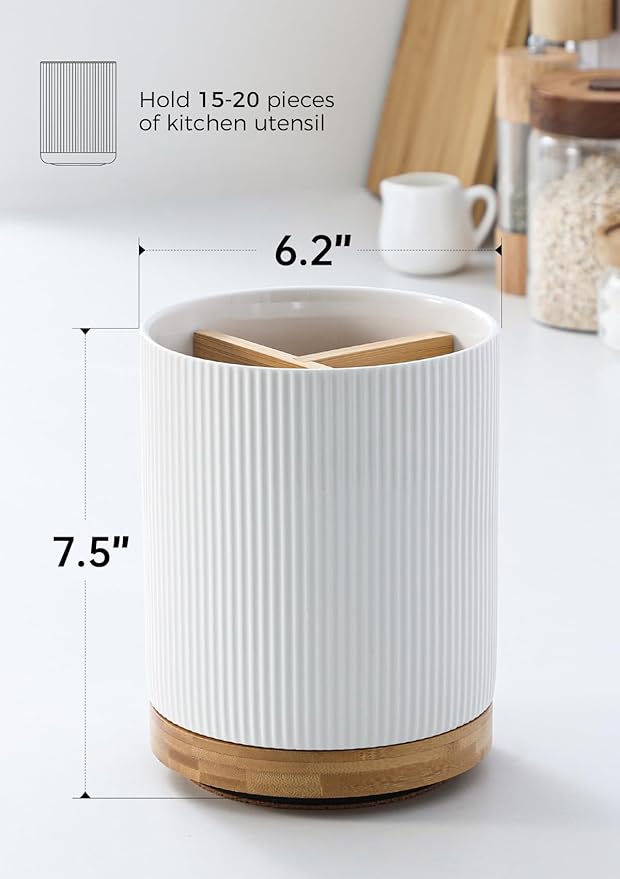 LoeJan 7.5" Utensil Holder, 3 Compartment Ceramic Kitchen Utensil Holder with Cork Bottom, Large Utensil Crock for Countertop, Cooking Tool Organizer Set for Kitchen Counter(White,Vertical Stripe)