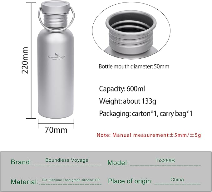 Boundless Voyage Titanium Water Bottle with Lid Wide Mouth Leak-Proof Reusable Sport Drinking Bottle for Camping Hiking Picnic Climbing Running Tea Coffee (600ml)