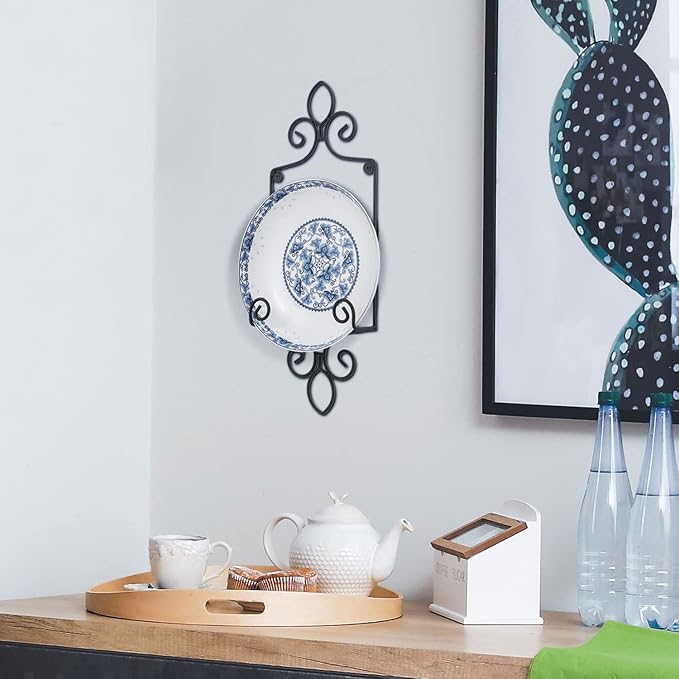 MyGift Wall-Mounted Vertical Single Plate Holder Rack with Vintage Black Metal Decorative Scrollwork Design, Holds Plates Up To 8 Inches