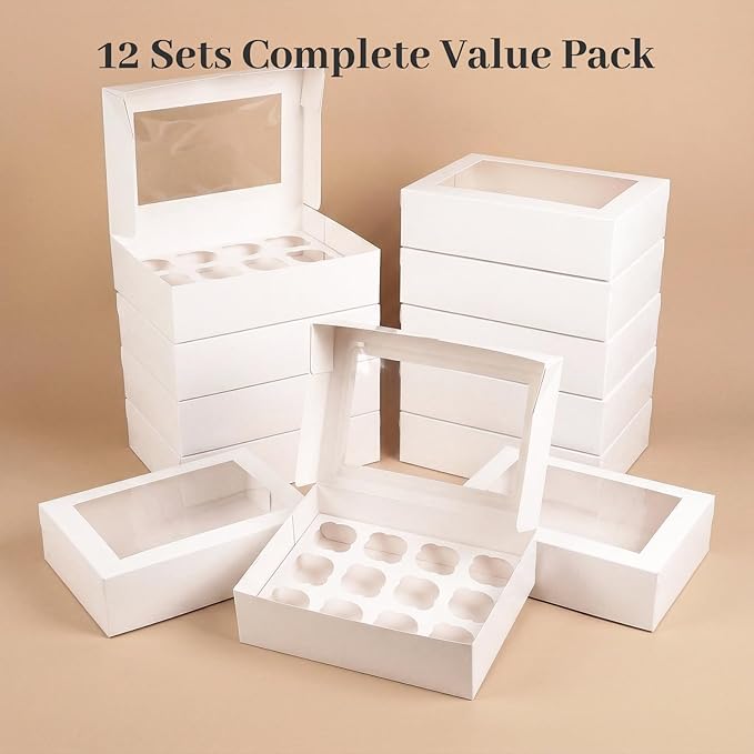 VGOODALL 12 Count Cupcake Boxes, 12PCS Cupcake Holder with Window White Pastry Boxes for Birthday Holiday Party Bakery Supplies