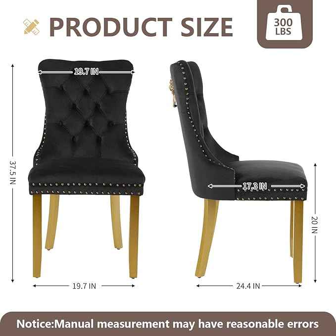 Velvet Dining Chairs Set of 2, Modern Tufted Dining Room Chair, Upholstered Dining Chairs with Lion Head Pulls Ring and Golden Solid Wood Legs, Luxury Kitchen Chairs for Dining Room, Black