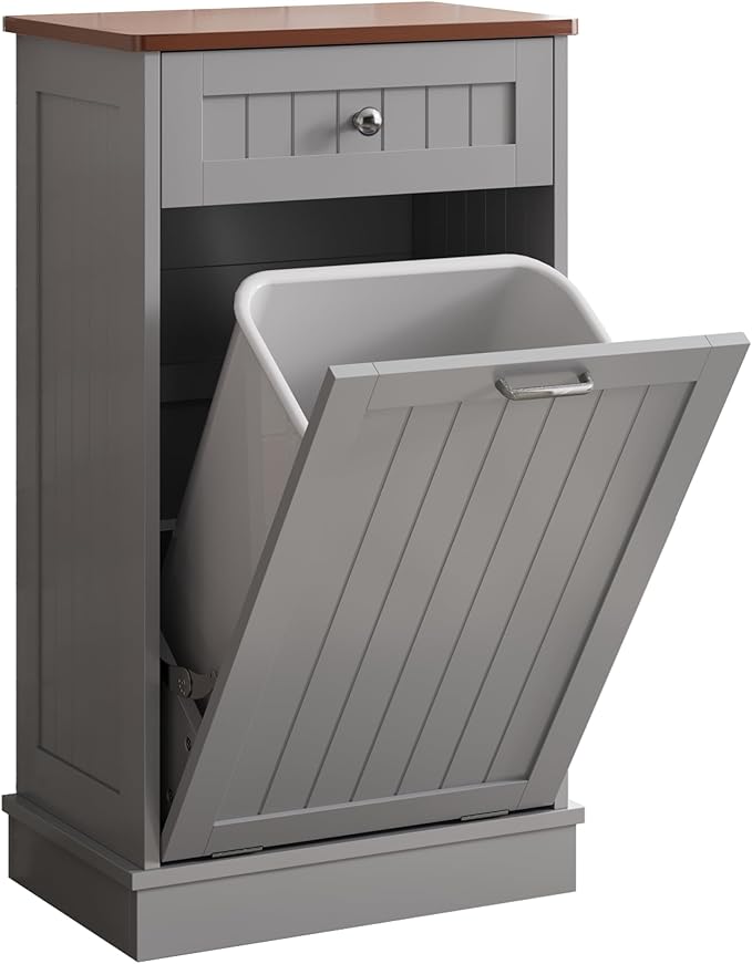 KIGOTY Tilt Out Trash Cabinet,Wooden Kitchen Trash Bin Holder Garbage Bin Recycling Cabinet Laundry Hamper with Solid Wood Countertop and Hideaway Drawer (Gray)