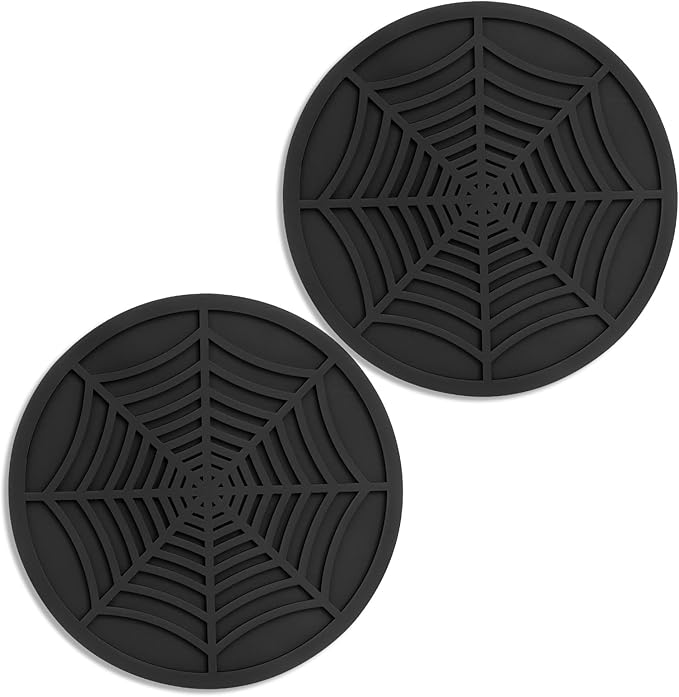 2 Pack Silicone Coasters for Drinks-Black Spider Shape Coaster with Deep Tray Grooved Design, Washable Cup Coasters for Desk, Heat Resistant Non-Slip Plastic Coaster for Coffee Table, Wooden, Kitche