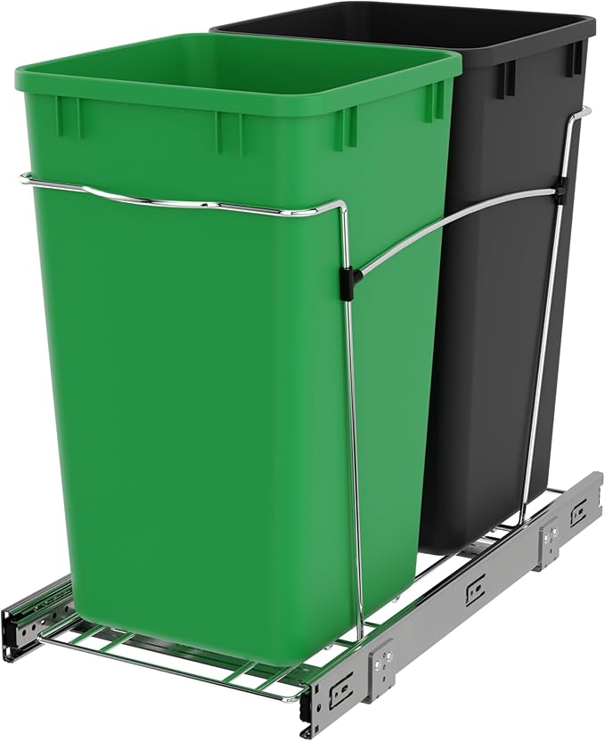 Rev-A-Shelf Pullout Trash Can for Kitchen Cabinets 27 Qt Garbage Recycling Bin with Full Extension Slide, Green/Black, RV-15KD-1918C-S