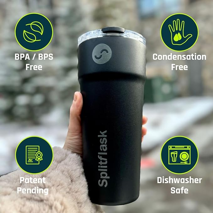 Splitflask 2-in-1 Hot & Cold Vacuum Insulated 30oz Tumbler, Stainless Steel, Dual Chamber, Leak-Proof, BPA-Free, Split Cup, 2 Drink, 2 Sides, Cup Holder Friendly, Coffee & Water (Hartley Black)