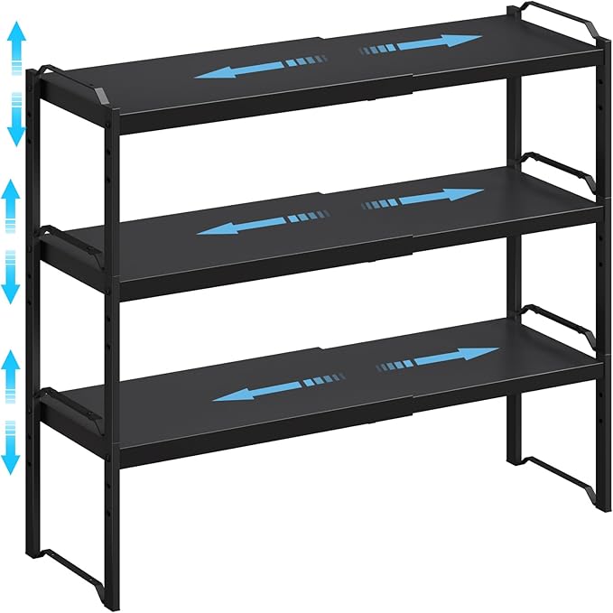 25.5 Inches 3 Pack Expandable Cabinet Shelves, Stackable Shelf Organizer For Kitchen Cabinet Countertop Storage, Adjustable Counter Cupboard Pantry Organizer Shelf Rack Stand Riser, Black
