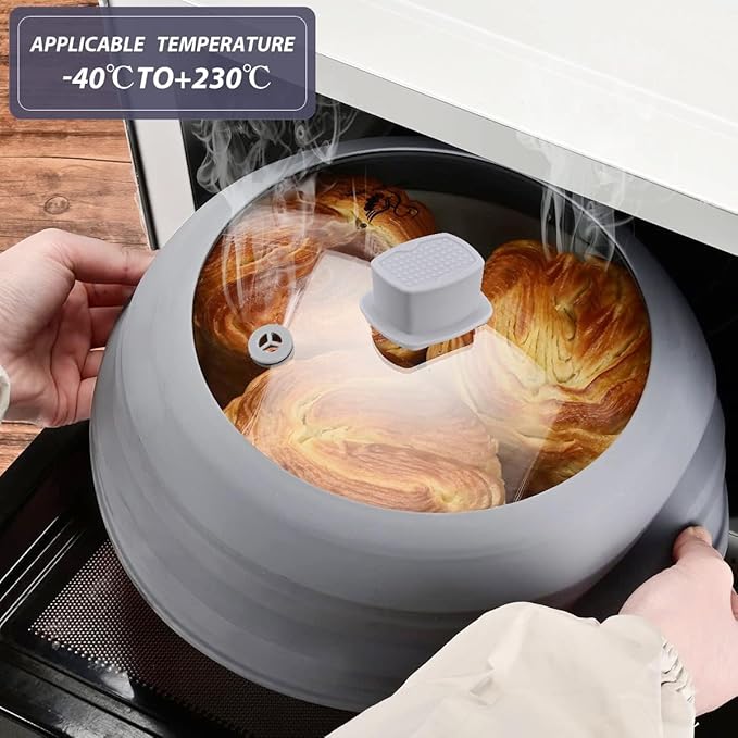 Microwave Splatter Cover Glass Cover Guard Lid with Collapsible Silicone for Food Pot Plate Cover 9.8 inch Light Grey