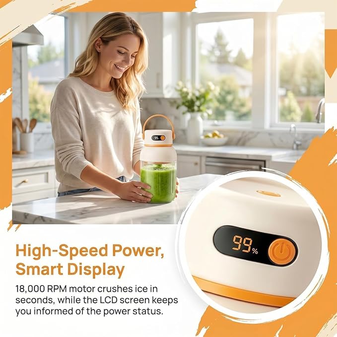Portable Electric Juicer Cup with Zero Cord Hassle, 33 Oz Cordless Personal Juicer Cup, Digital Display Portable Juicers Blender with Stainless Steel Blades, USB-C (orange-1000ml)