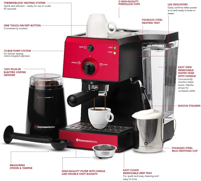 EspressoWorks All-In-One Espresso Machine with Milk Frother 7-Piece Set - Cappuccino Maker Includes Grinder, Frothing Pitcher, Cups, Spoon and Tamper - Coffee Gifts (Red)