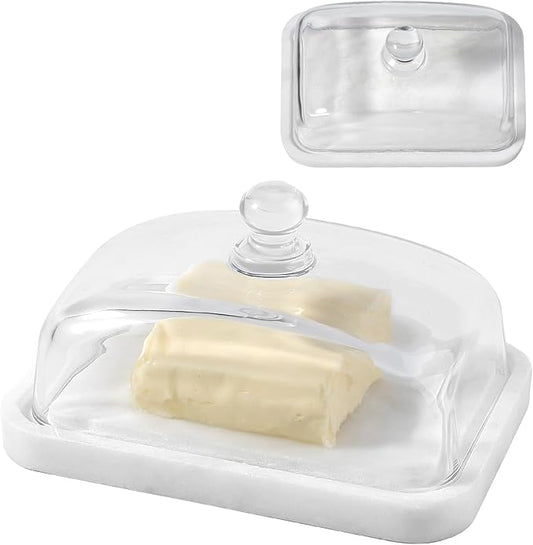 Koville White Marble Butter Dish with Lid for Countertop and Refrigerator Door Shelf, White Marble Butter Keeper, Stone Butter Dish with Lid, Airtight Butter Keeper Container, Dishwasher Safe