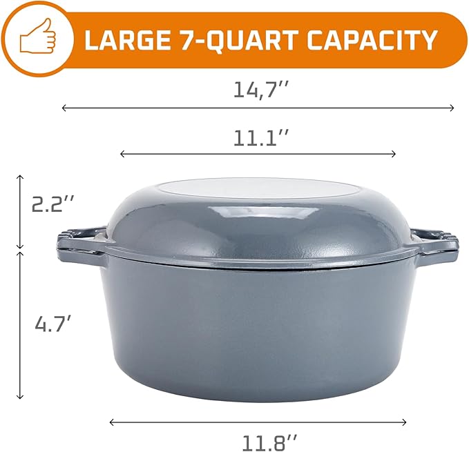Bruntmor 2-in-1 Enamel Cast Iron Dutch Oven With Handles - Crock Pot Grey Cast Iron pot with Skillet lid - All-in-One Cookware Braising Pan for Casserole Dish - 7 Quart, Grey