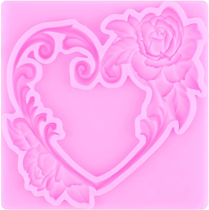 Mujiang Flower Garland Fondant Molds Floral Wreath Silicone Mold Heart Photo Frame Mold for Cake Decoration Cupcake Topper Candy Polymer Clay Gum Paste Set of 4