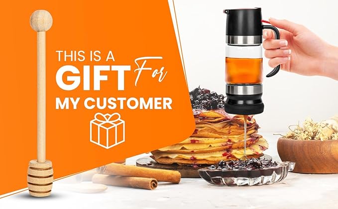Glass Honey Dispenser with Wood Dipper Stick - No Drip Bottom Spout, Easy Pouring for Kitchen Convenience. Multipurpose for Syrup & Salad Dressing. Luxury Case for Gift & Storage