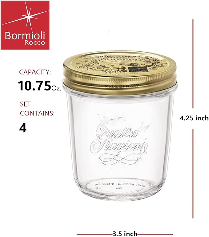 Bormioli Rocco Quattro Stagioni set of 4 Clear Airtight Mason Jars, 10.75 Oz. Made from Durable Glass, Made In Italy