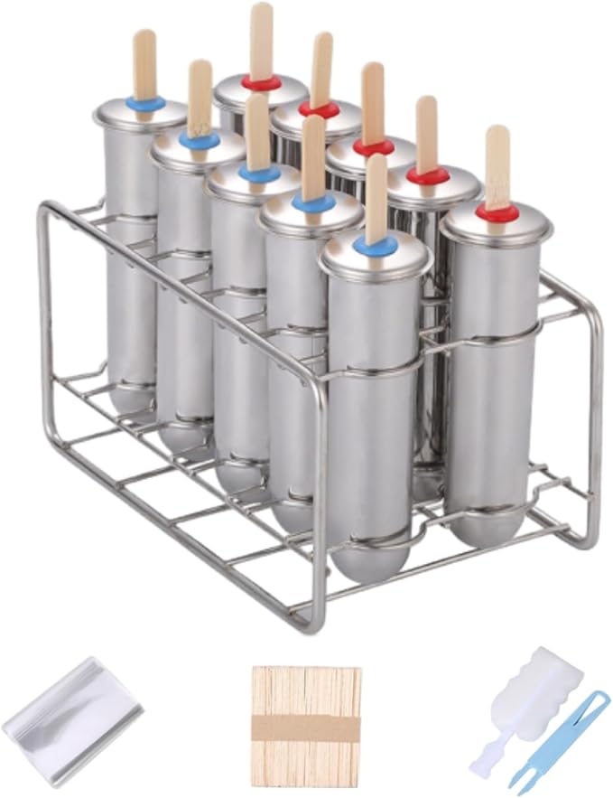 10Pcs Stainless Steel Popsicle Molds and Rack Ice Cream Popsicle Molds with 10 Round Ice Pop Makers + 100 Reusable Bamboo Sticks + 20 Bags + 1 Cleaning Brush + 1 Rack (Silver (Round))
