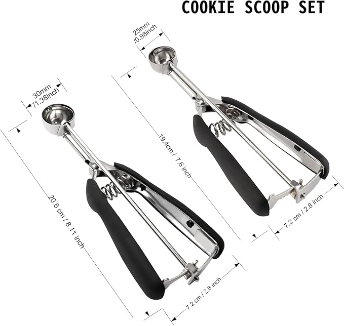 Small Cookie Scoop Set - 2 PCS Include 1 tsp / 2 tsp Cookie Dough Scoops, Cookies Scoops for Baking, Made of 18/8 Stainless Steel, Good Soft Grips, Quick Trigger Release
