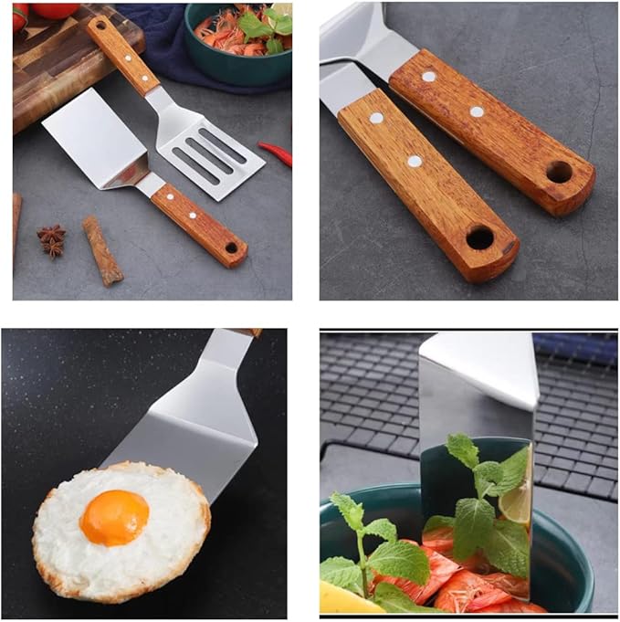 2 PCS Metal Spatula for Cast Iron Skillet, Stainless Steel Grill Spatula Slotted Turner Fish with Wood Handle Flat Top Griddle for Cooking BBQ