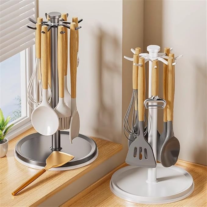 Organizer Rack Rotatable Utensil Holder, With 8 Hooks And 360 Degree Rotation For Kitchen Countertop, Space Saving Organizer For Cooking Tools(Black)