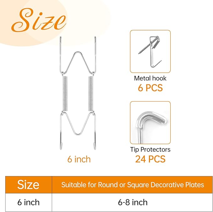 Bilillo 6 Pieces Invisible Heavy Duty Plate Holders, Stainless Steel Plate Hangers for The Wall, Plate Hangers for Display with Wall Hooks, Suitable for 6-8 inch Decorative Plates and Arts (Silver)
