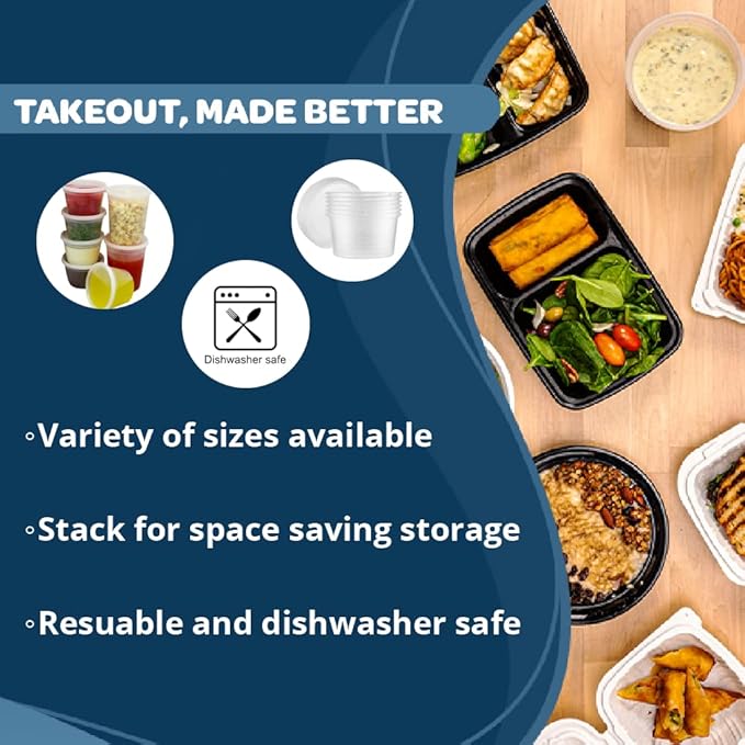 TIYA Food Containers - 32oz Bulk 240 Pack with Lids - Plastic Food Storage to-Go Containers - Reusable Microwavable Dishwasher Safe Cups - Airtight Leak Proof for Soups & Meal Prep
